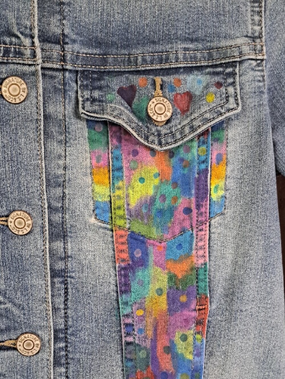 Hand Painted Denim Jacket with Colorful Panel Accents Cartoon - Picture 8 of 12